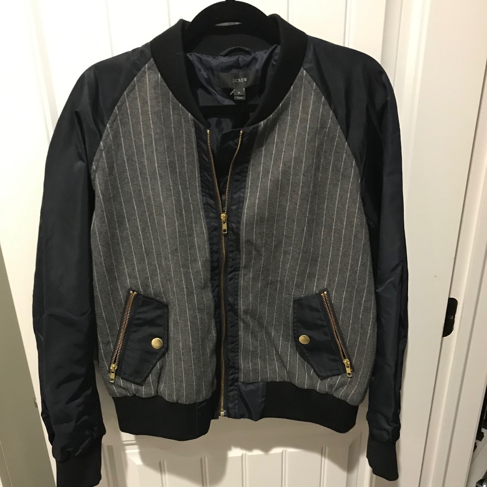 J. Crew Navy and Gray Pinstripe Bomber Jacket
